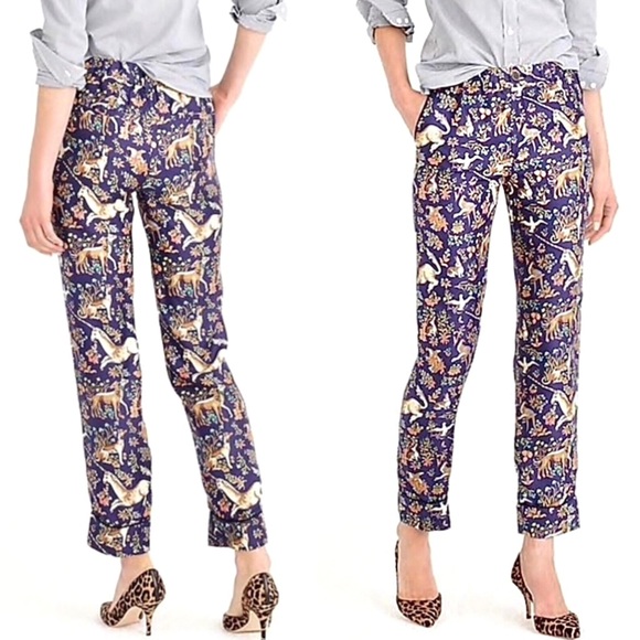 JCREW DRAKES London Trouser Pant Unicorn Dog Rabbit Bird Silk Pajama Navy Blue 0 - Picture 3 of 16